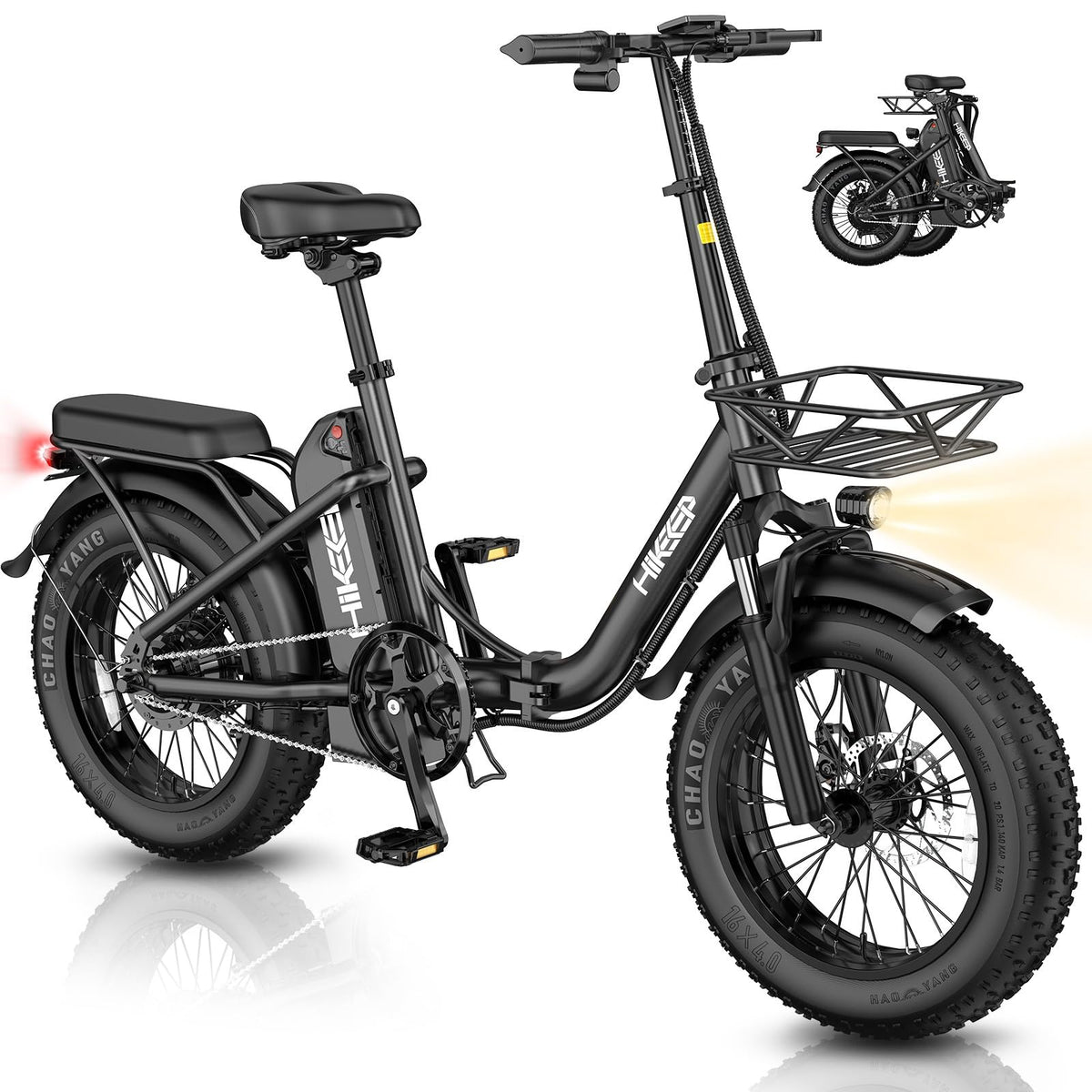 Hikeep 16-inch folding e-bike full side view — smaller 16-inch wheels make the folded package shorter than a 20-inch folder
