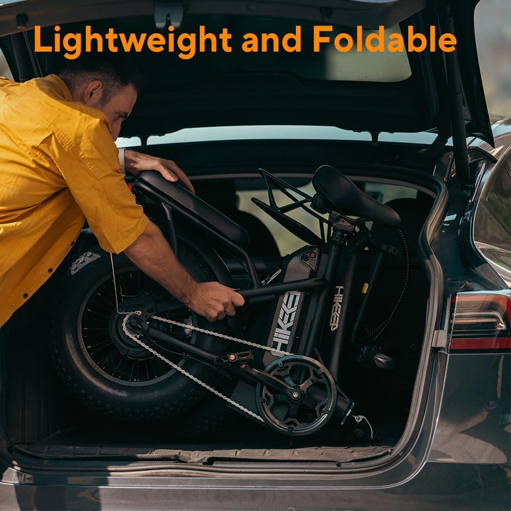 Hikeep 16-inch folding e-bike rear 3/4 view — motor hub and compact rear triangle visible
