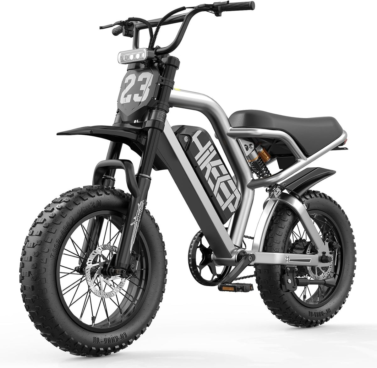 HiKeep K6-T in black standing upright — full suspension and 16-inch fat tires immediately visible