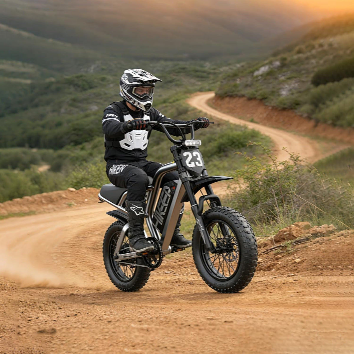 K6-T cockpit — twist throttle, handlebar bracing, and a minimalist display