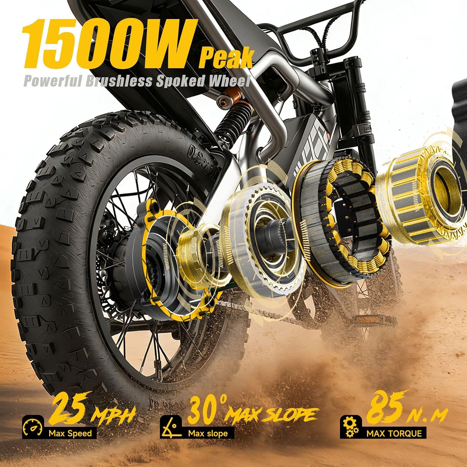 K6-T right-side profile showing the swingarm, rear shock, and knobby tire tread