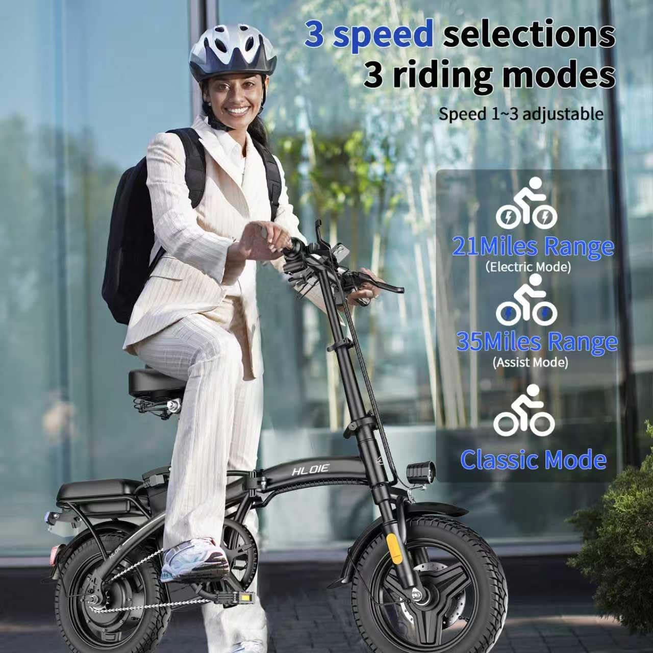 HLOIE folding e-bike full side view — compact silhouette in the riding position