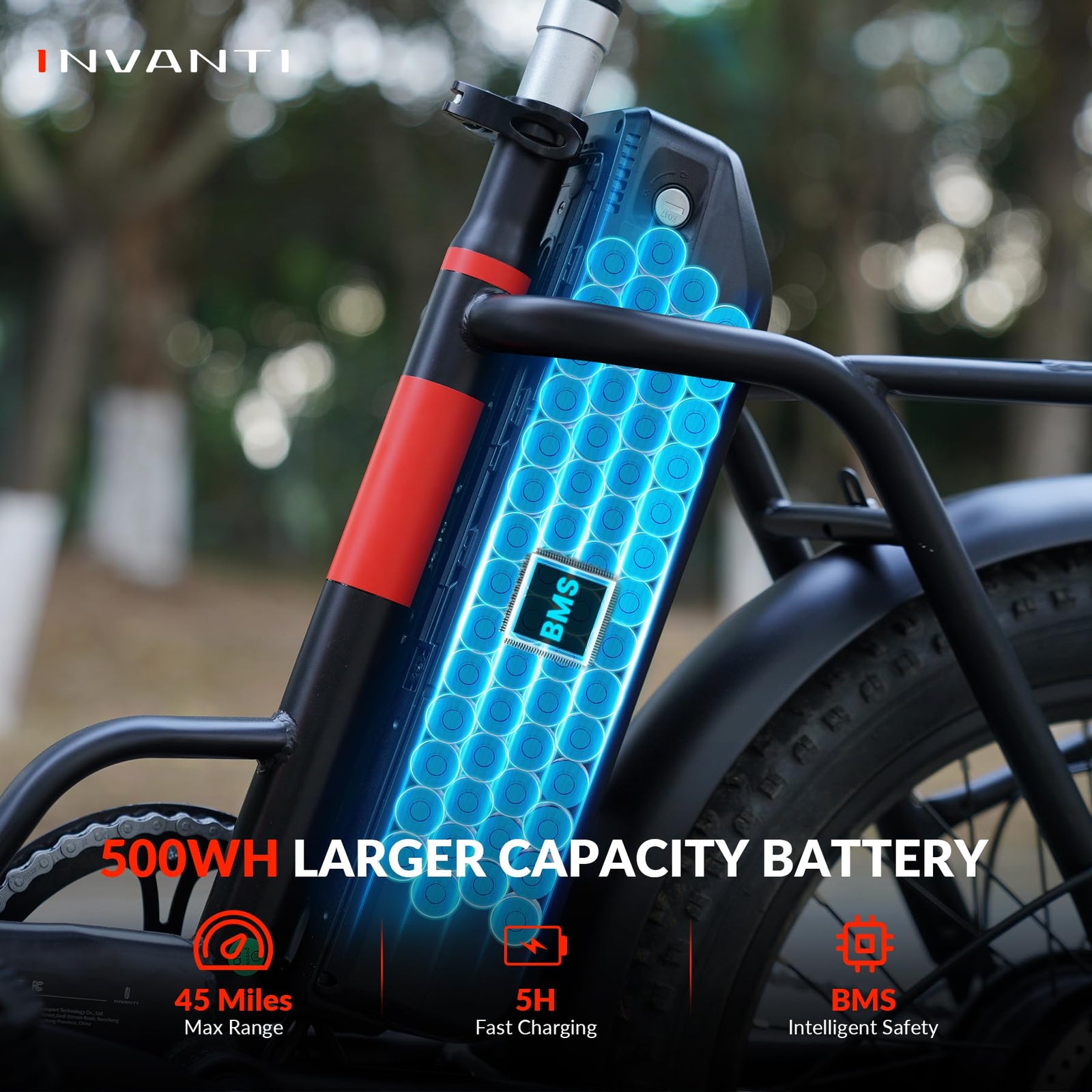 Battery removed from the INVANTI EB11 — charge independently without moving the bike