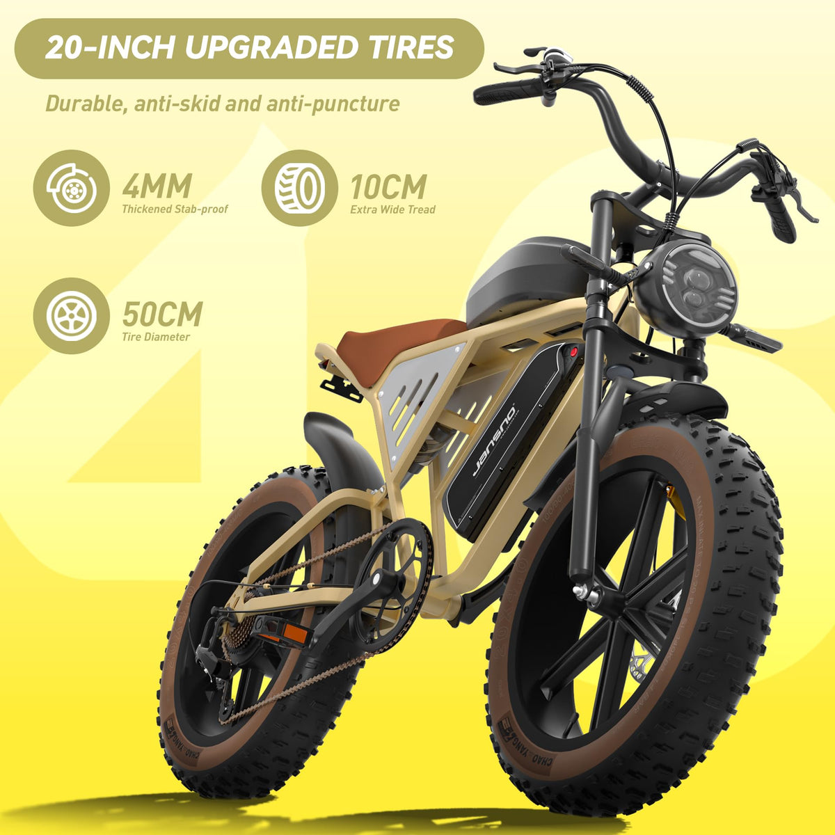 Front suspension fork on the Jansno X70 handling rough terrain with a loaded setup