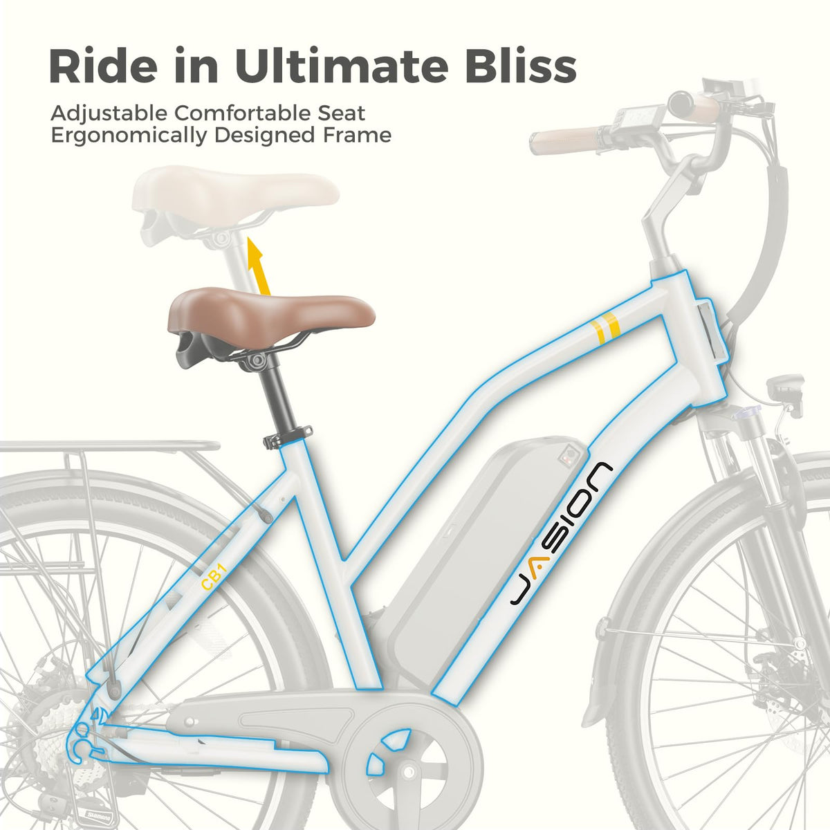 CB1 battery integrated in the downtube — hidden placement preserves the clean cruiser silhouette from both sides