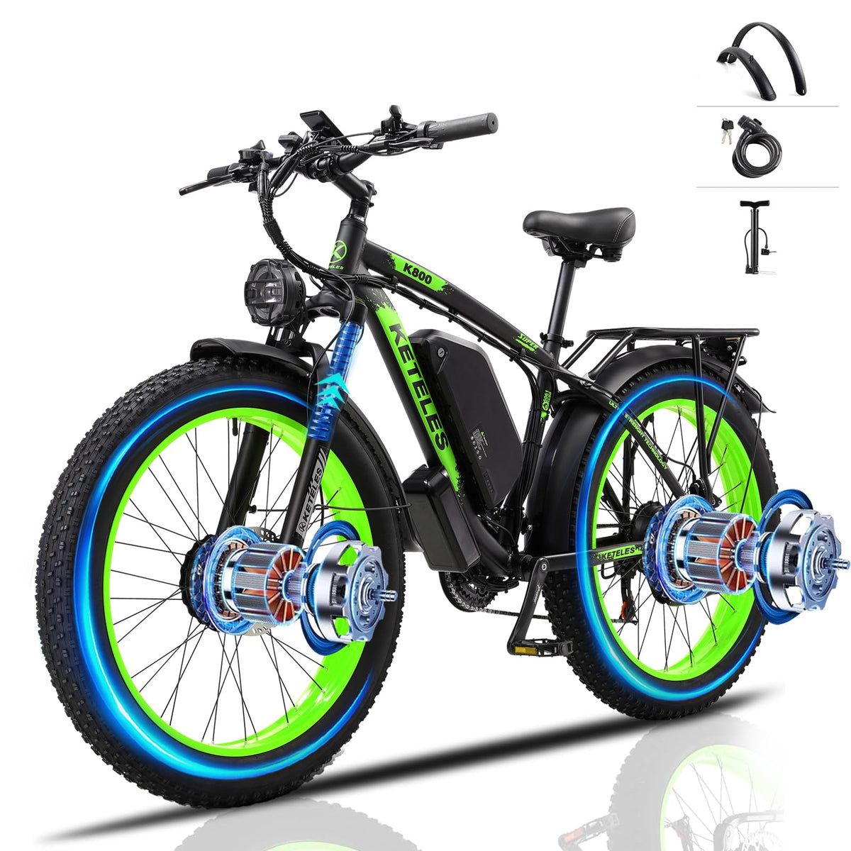 JESRIDER rear wheel combining motor hub and 21-speed cassette — gearing extends the motor range on long climbs by keeping the motor in its efficient RPM band