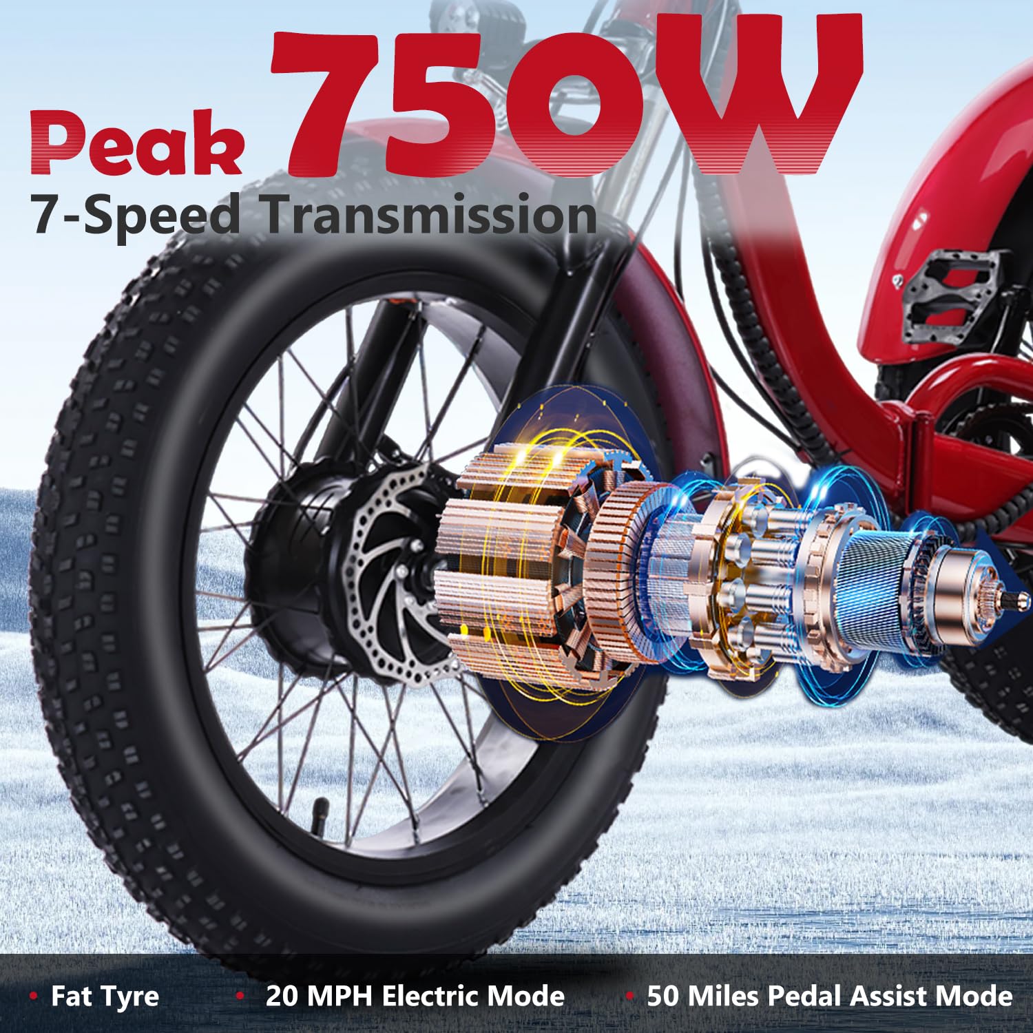 Kakigo trike 48V motor — higher voltage than 36V trikes delivers more torque for loaded starts and short hills