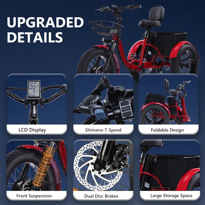 Kakigo folding electric trike front view — wide handlebar and headlight visible, step-through frame entry