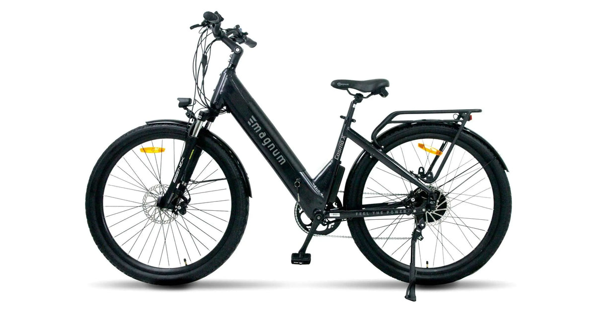 Magnum Cosmo S metallic black bike from the rear angle
