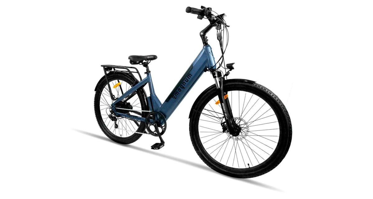 Magnum Cosmo S metallic blue bike from a rear angle