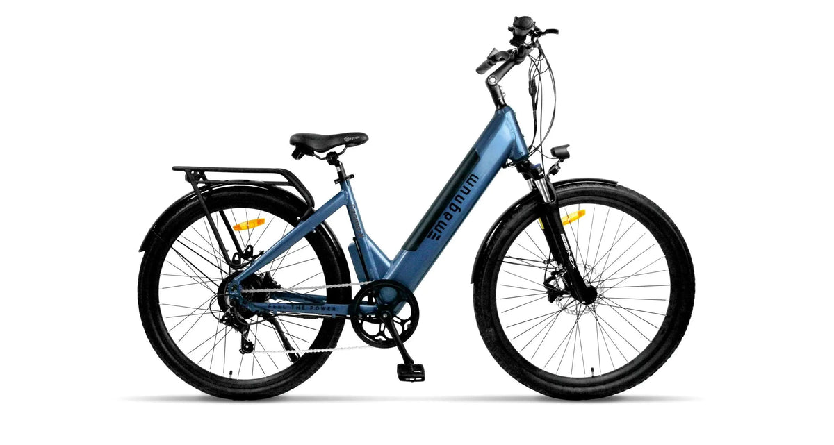 Magnum Cosmo S metallic blue bike with a side view
