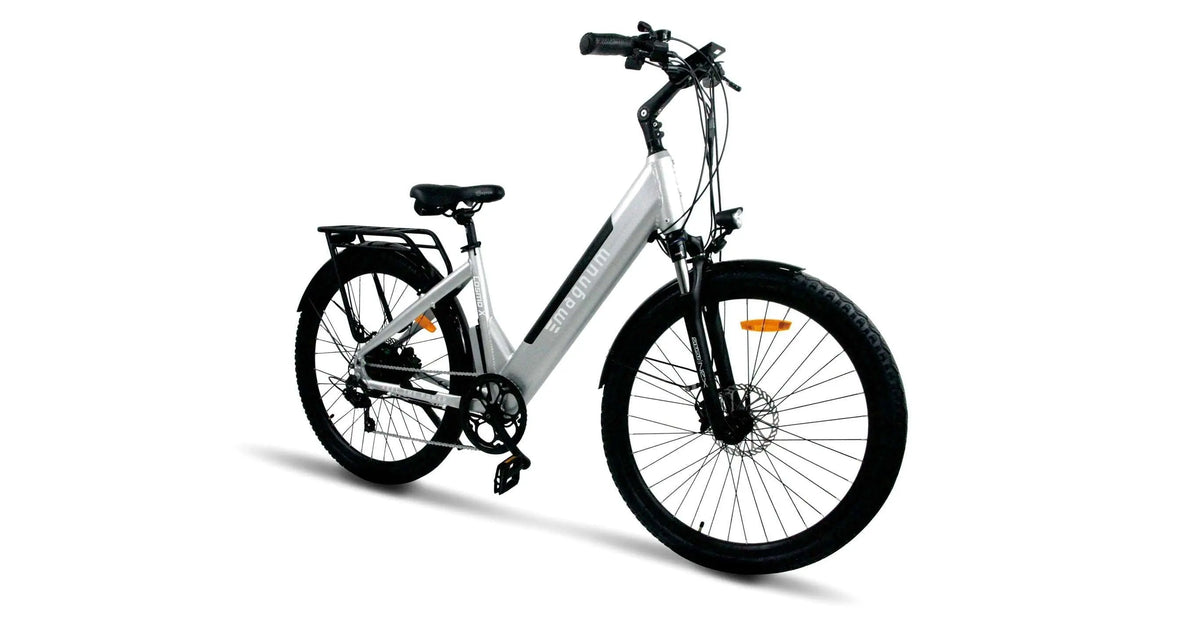 Magnum Cosmo S silver bike shown from the side