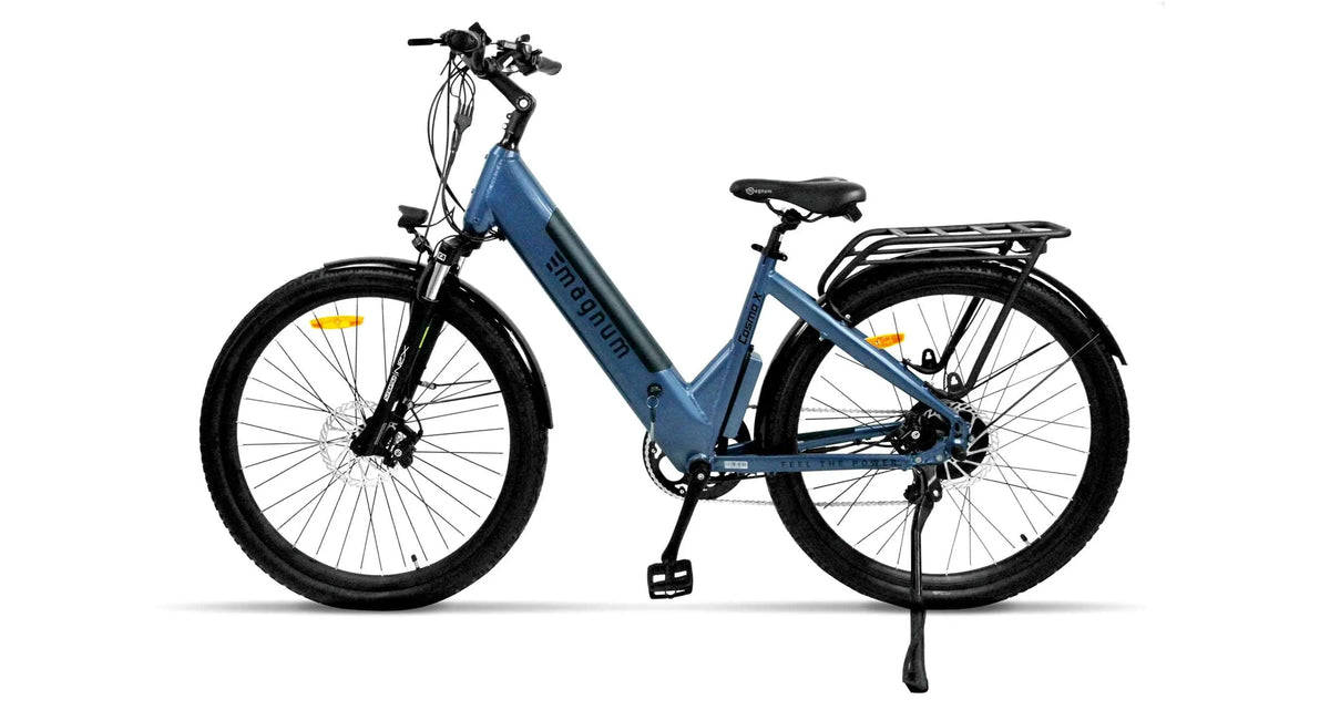 Magnum Cosmo X metallic blue bike in a side profile