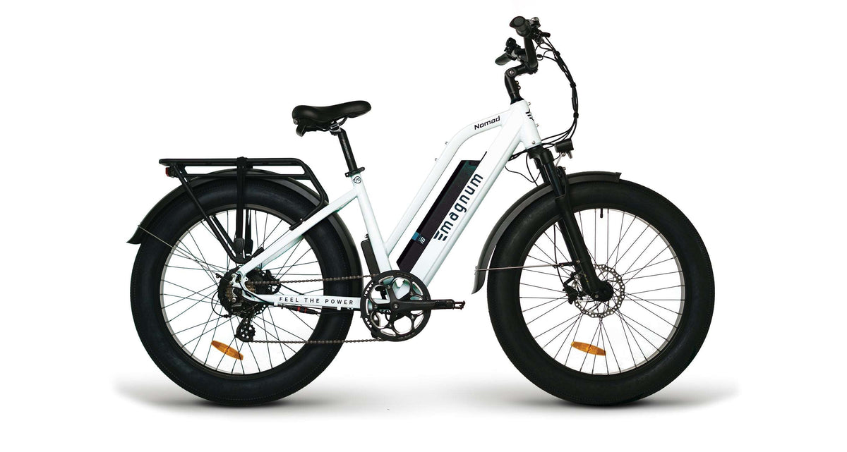 Magnum Nomad white bike in a front three-quarter view
