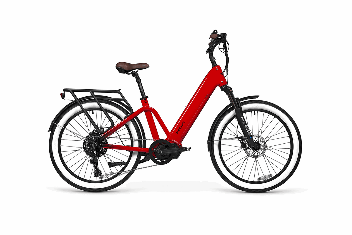 Magnum Pilot mid-drive commuter e-bike in red, three-quarter view