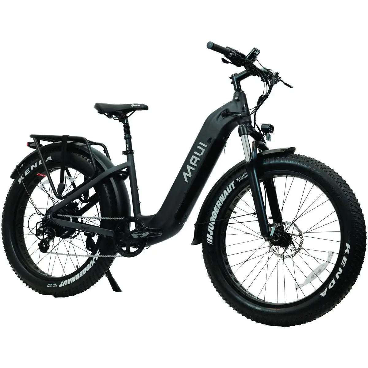 Maui Fat Bronte step-thru city bike in black, front angle