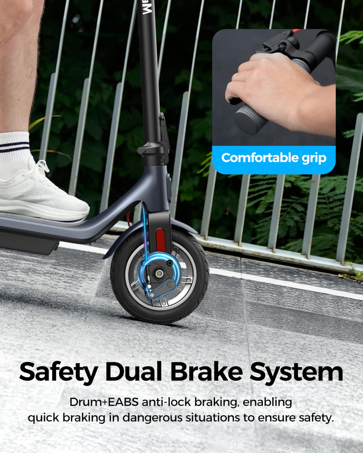 A6L ECO deck grip surface — wide enough for adults to stand with feet side by side for a stable platform on smooth pavement