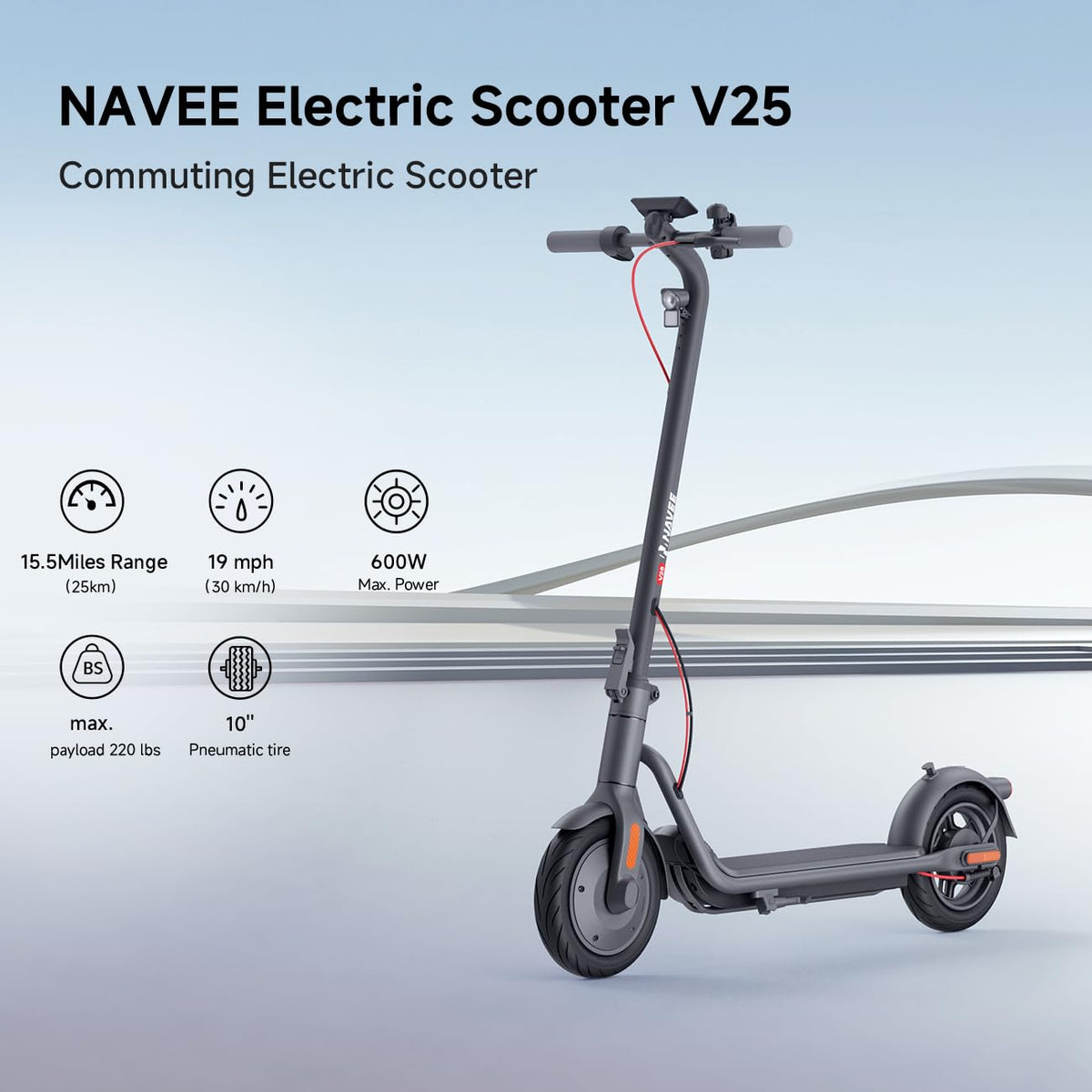 A commuter stands beside the NAVEE V25, showing scale against an adult rider