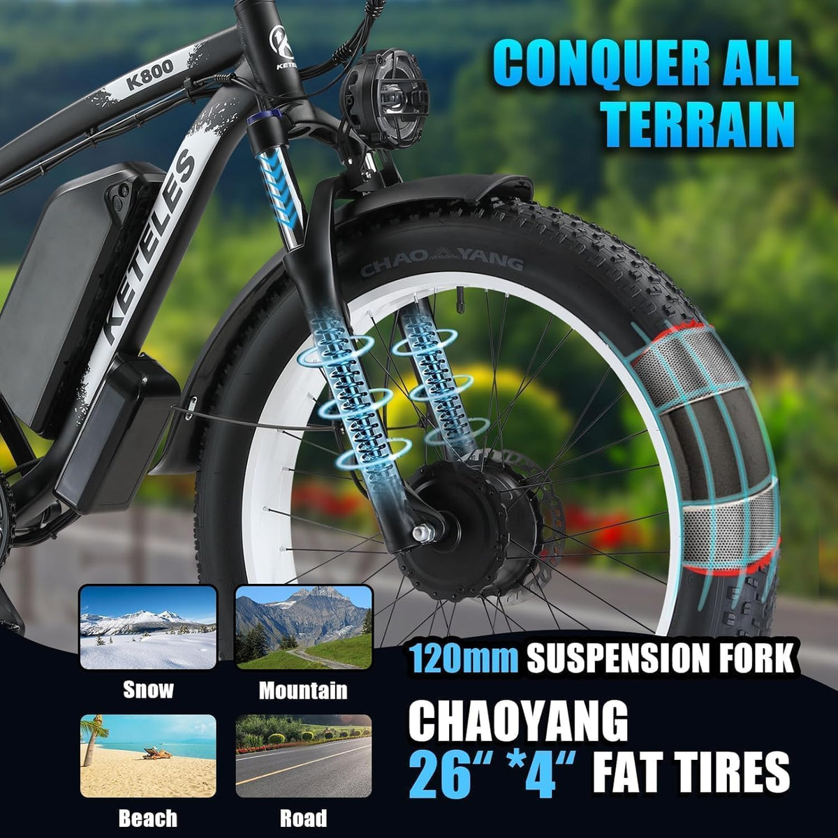 QIKAITU MQ3000 electric bike Canada front fork detail