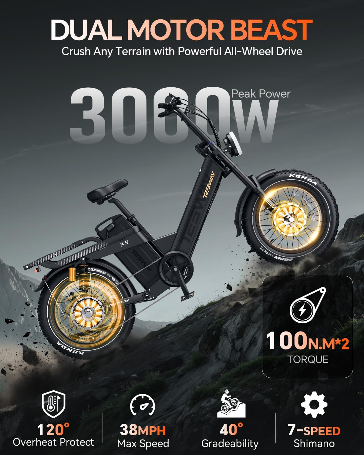 TESWAY X5 Pro Electric Bike Canada – Dual Motor 60Ah Long Range E-Bike image 26