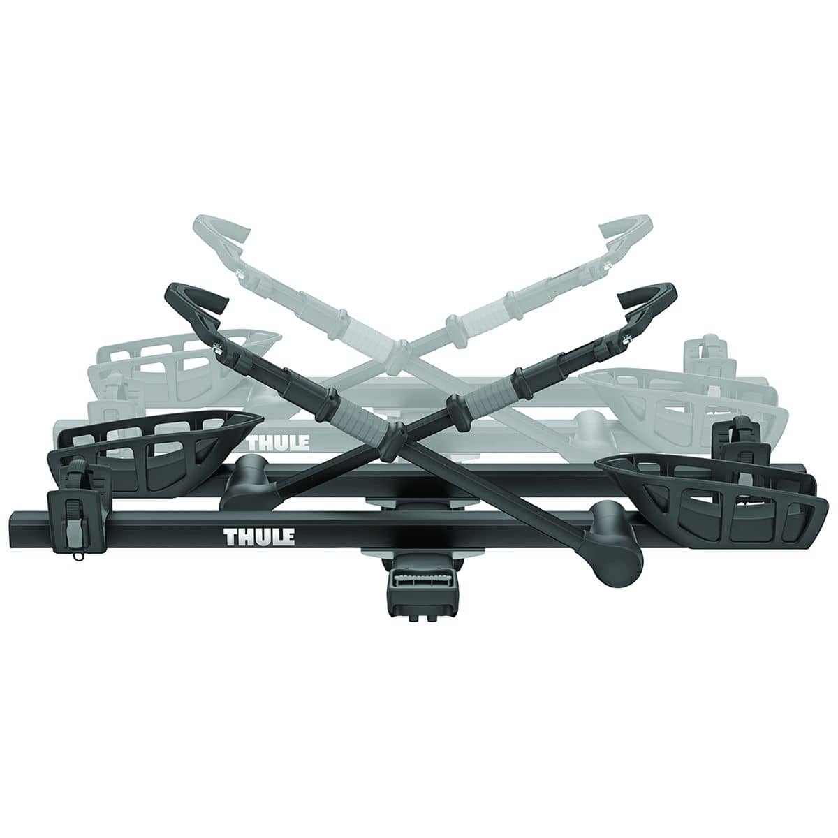 Thule T2 Pro XT add-on folded position — folds flat when the extra slot is empty so it does not add length during city driving