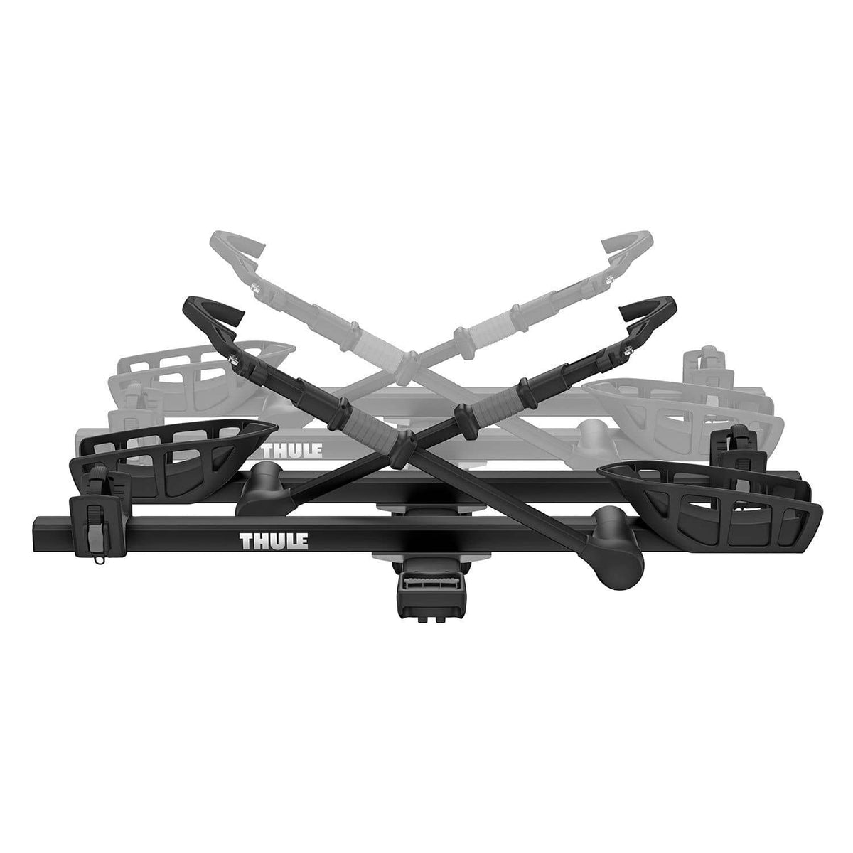 Thule T2 Pro XT add-on wheel cradle detail — adjustable straps secure the tire so the carrier fits road bikes and fat-tire e-bikes up to 60 lb