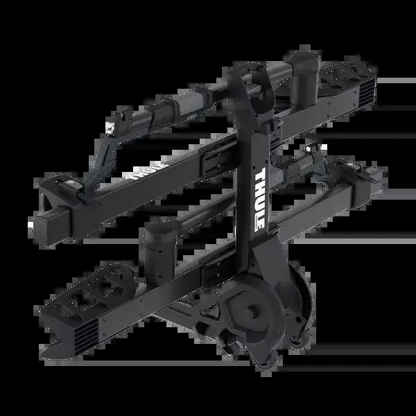 Thule T2 Pro XTR tilt-away position — rack swings down from the hitch so the buyer can open the tailgate or rear hatch with bikes still loaded