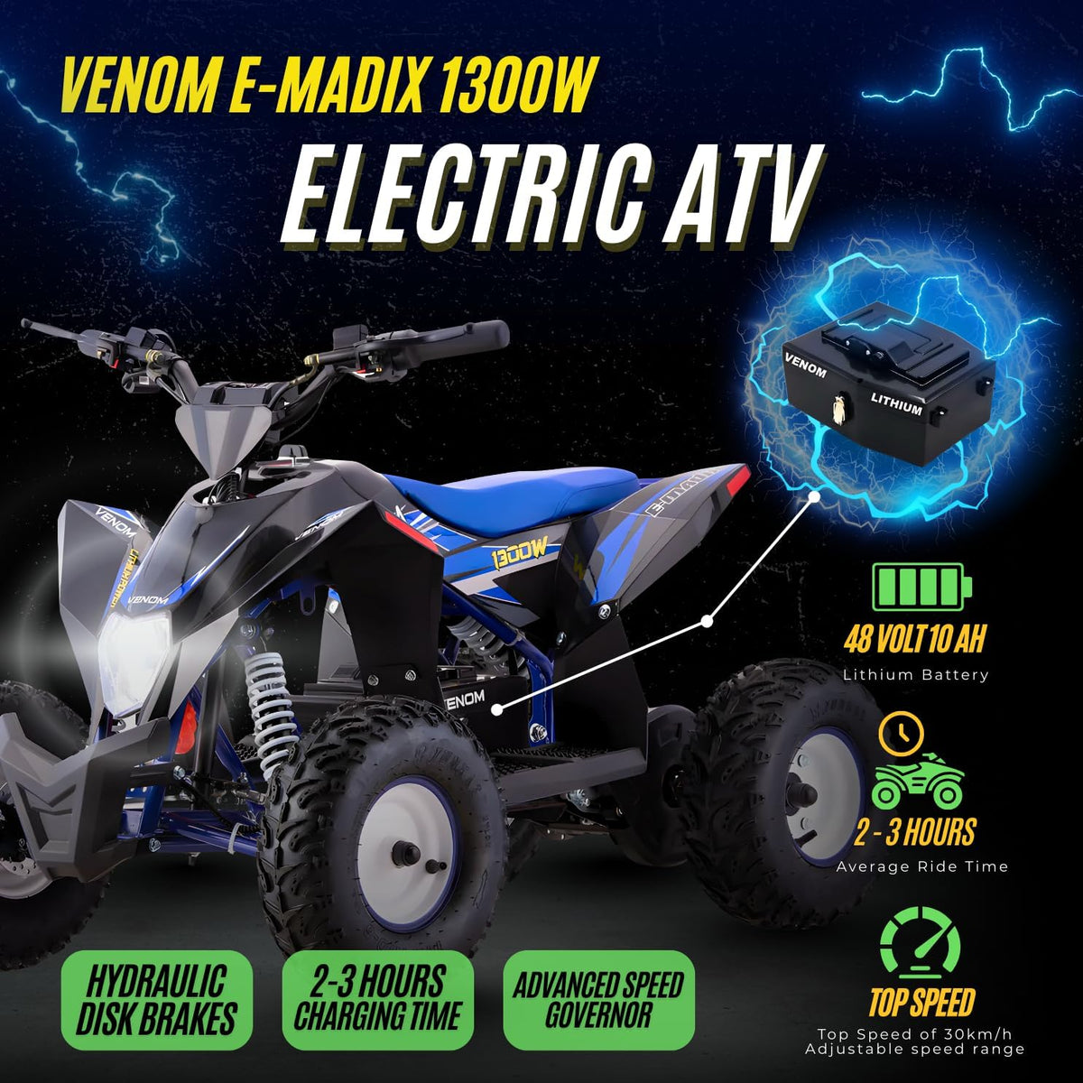 Venom E-Madix 1300W electric ATV battery and specs graphic Canada