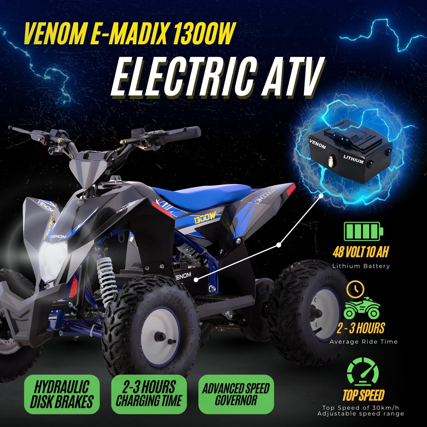 Venom E-Madix 1300W electric ATV battery and specs graphic Canada