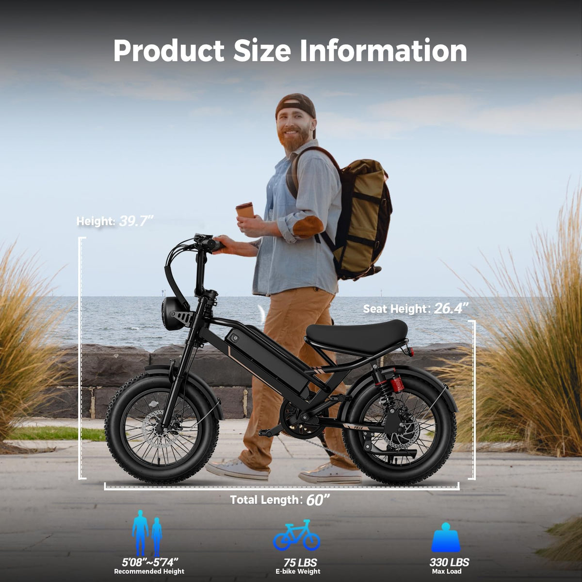 YR16 all-terrain fat tire e-bike feature graphic