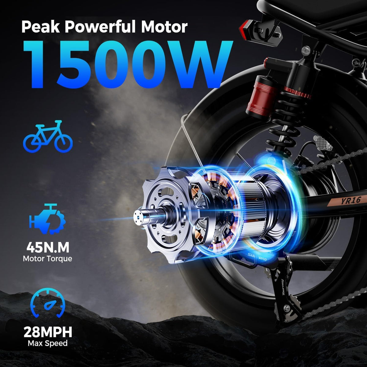 YR16 all-terrain fat tire e-bike motor detail