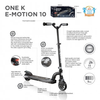 Globber One K E-Motion 10 kids scooter in blue, front view